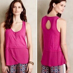 Anthropologie Little Yellow Button Pink Henley Keyhole Tiered Tank Top Size S Bo